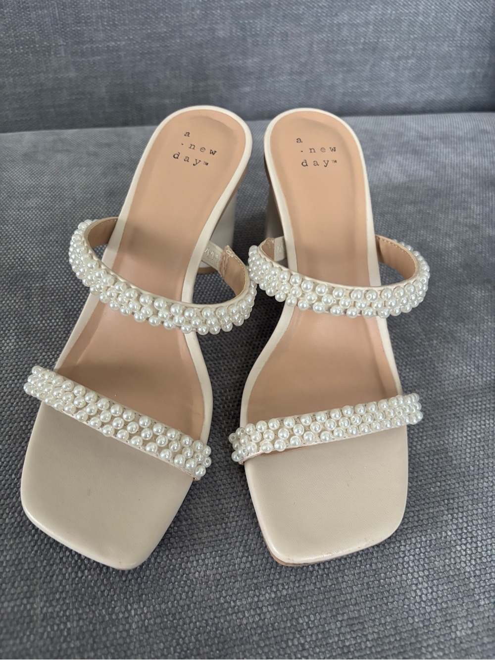Pearl-Strap Cream Heel Sandals